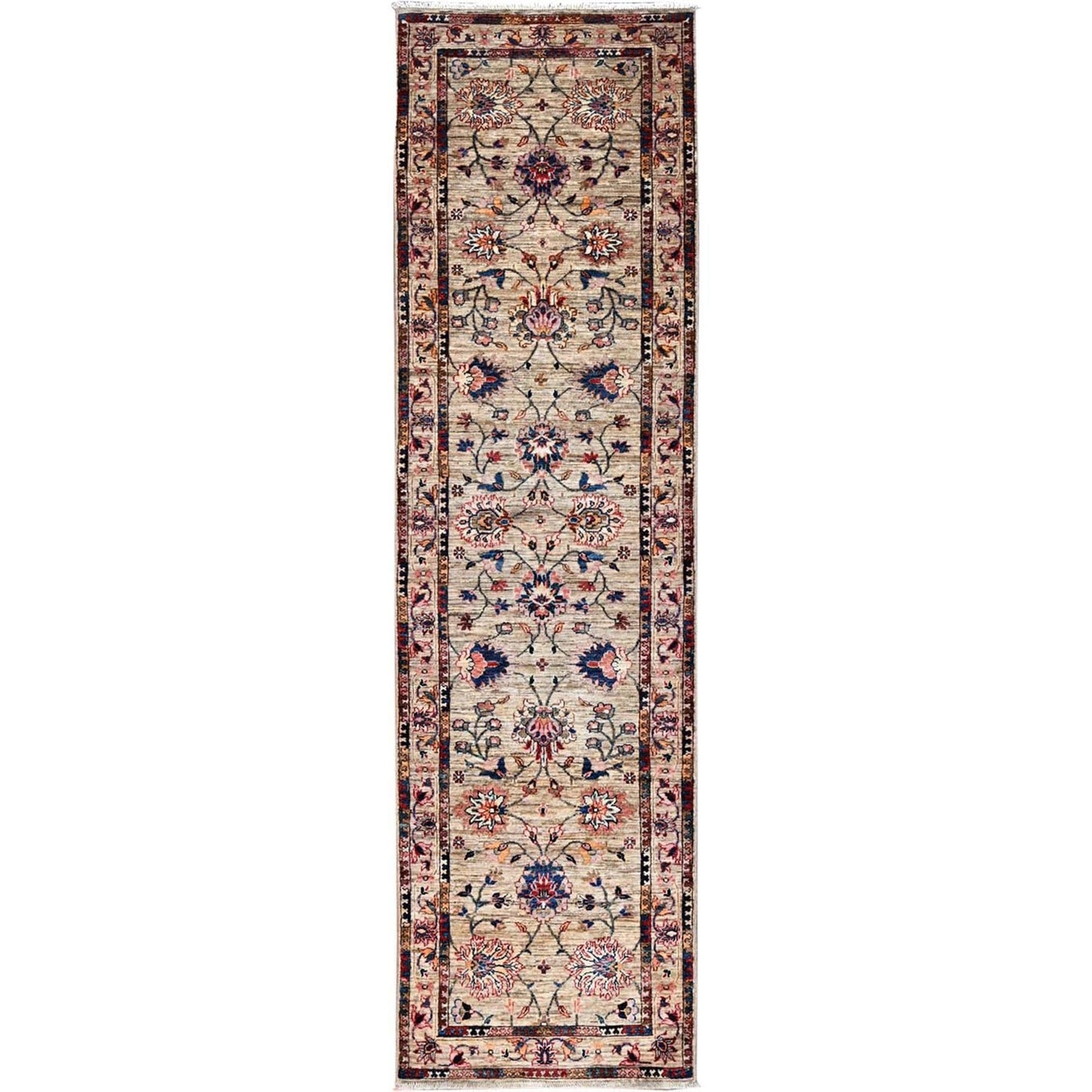 2'7"X9'5" Beige Sultani Flower Blossom Hand Knotted 100% Wool Runner Rug