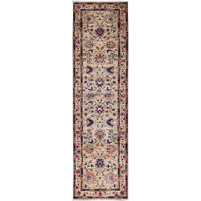 2'7"X9'5" Beige Sultani Flower Blossom Hand Knotted 100% Wool Runner Rug