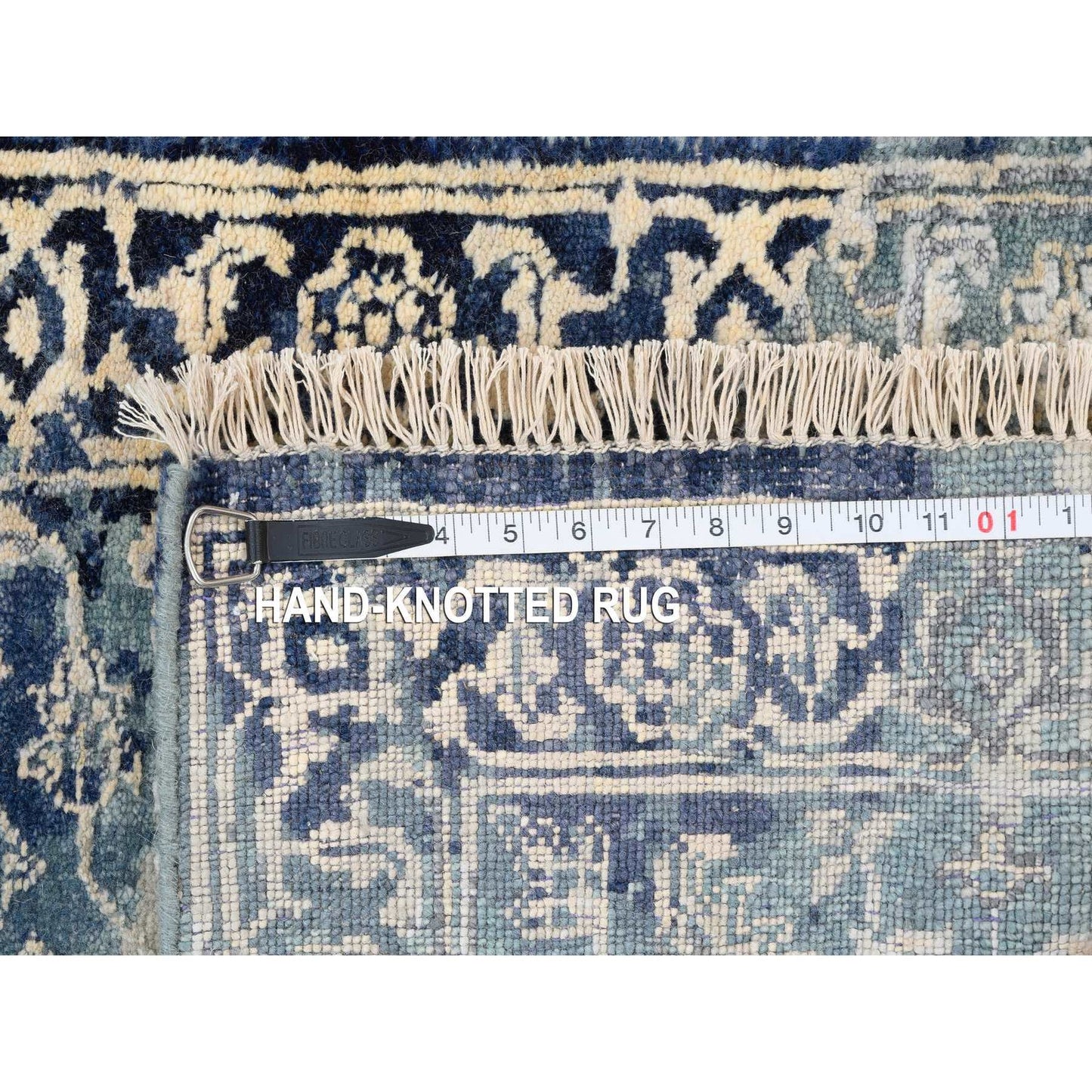 2'X3' Blue-Teal Erased Wool And Silk Hand Knotted Broken Farsian Mat Rug