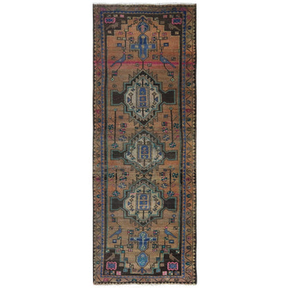 3'4"X9'3" Brown Hand Knotted Vintage Farsian Worn Wool Wide Runner Rug