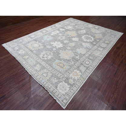 8'10"X11'10" Gray Afghan Angora Oushak Leaf Pattern Hand Knotted Wool Rug