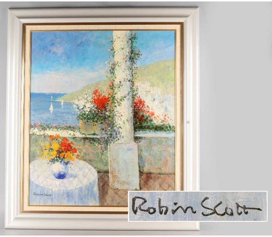 Original Oil Painting Mediterranean View Flowers Signed 20F