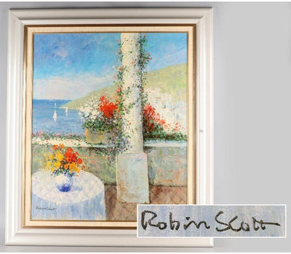 Original Oil Painting Mediterranean View Flowers Signed 20F