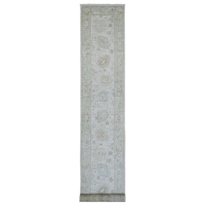2'10"X19' White Angora Oushak Leaf Design Wool Hand Knotted Runner Rug
