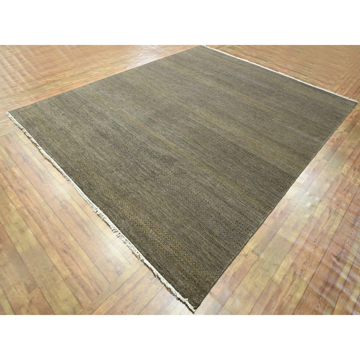 7'10"X10' Honey Brown Modern Grass Design Hand Knotted Wool And Silk Rug