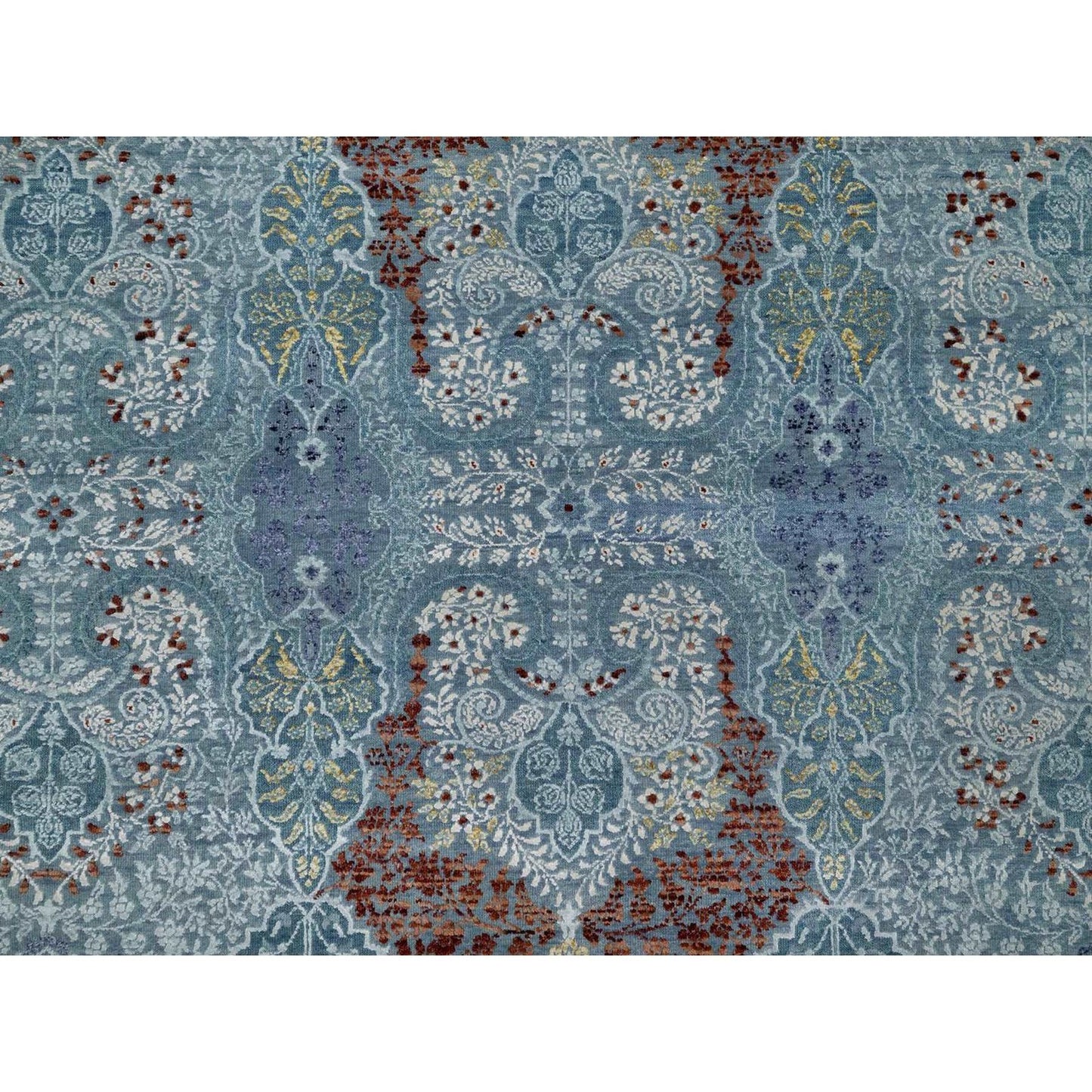 8'1"X10'1" Cerulean Blue Jewelry Design Wool And Silk Hand Knotted Rug
