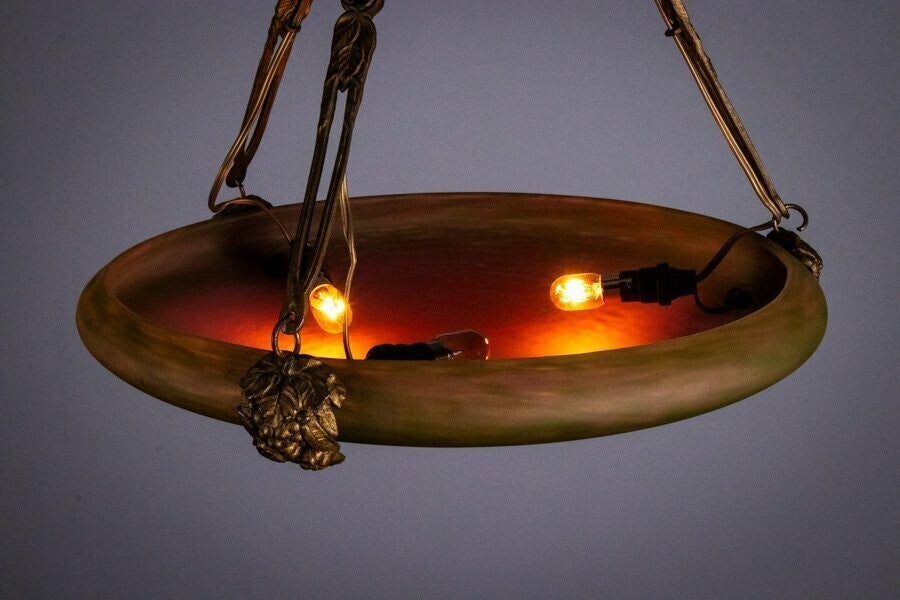 Schneider Signed Chandelier Gilt Bronze Art Glass French Art Deco Excellent