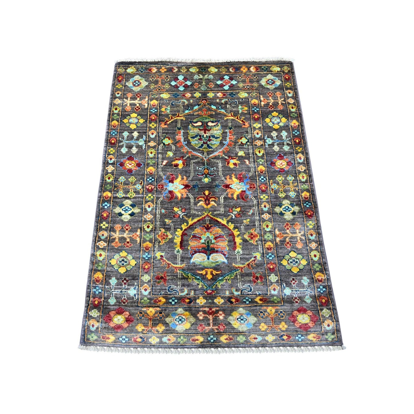 2'9"x4' Gray Hand Knotted Afghan Sultani Pure Wool Sample Mat Rug