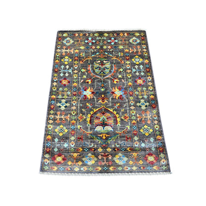 2'9"x4' Gray Hand Knotted Afghan Sultani Pure Wool Sample Mat Rug