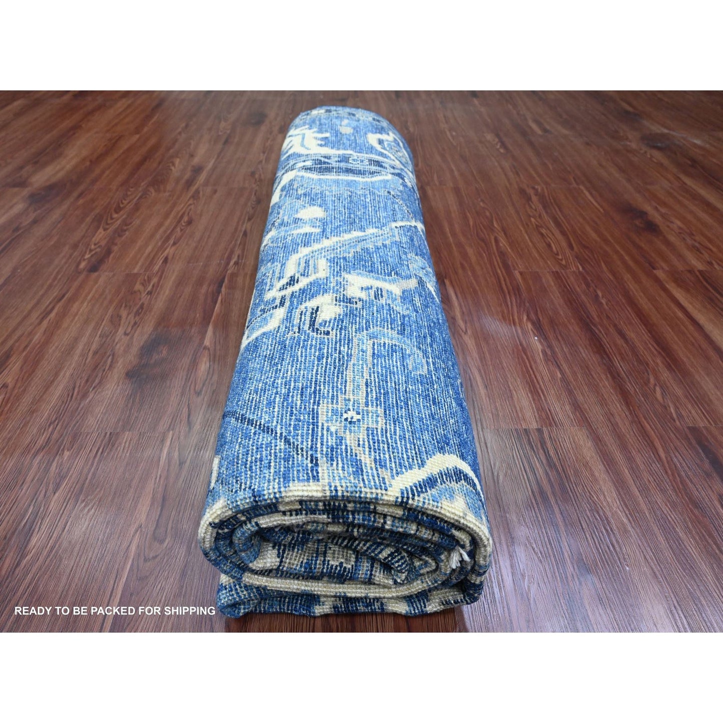 8'1"X9'8" Blue Hand Knotted Afghan Angora Oushak Vines Design Wool Rug