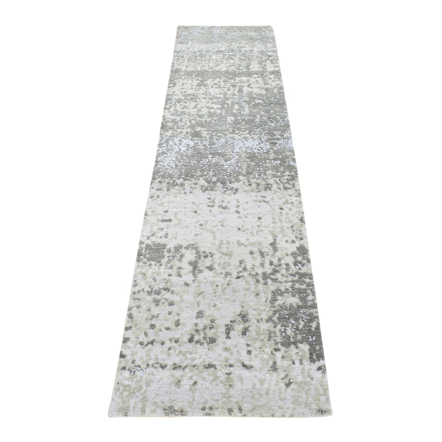 2'6"X10'4" Gray Modern Abstract Design Hand Knotted Pure Wool Runner Rug