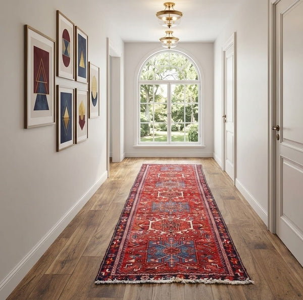Semi-Antique Hand-Knotted Tribal Red Oriental Runner Rug Kitchen Carpet 3x9 Ft