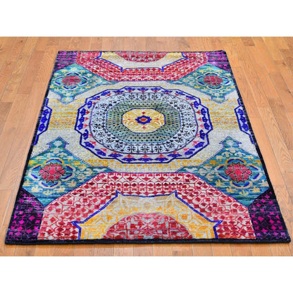 4'X6'2" Sari Silk With Textured Wool Mamluk Design Hand Knotted Rug