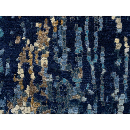 2'6"X8' Denim Blue Mosaic Design Wool And Silk Hand Knotted Runner Rug