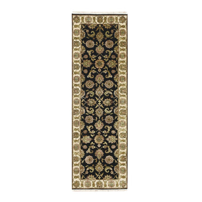 2'6"X8' Black Rajasthan Leaf Design Hand Knotted Wool & Silk Runner Rug