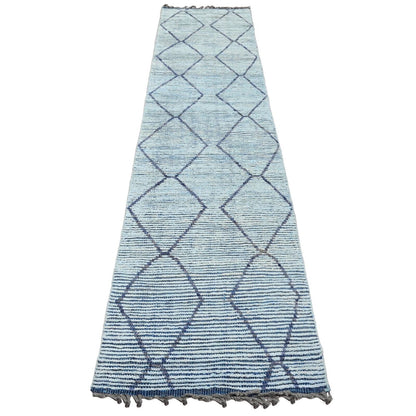 2'5"X10'3" Blue Geometric Moroccan Weave Hand Knotted Wool Runner Rug