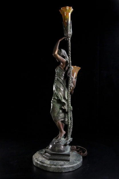 Auguste Moreau Bronze Lamp Sculpture "Aurore" Art Nouveau Woman 77Cm Signed
