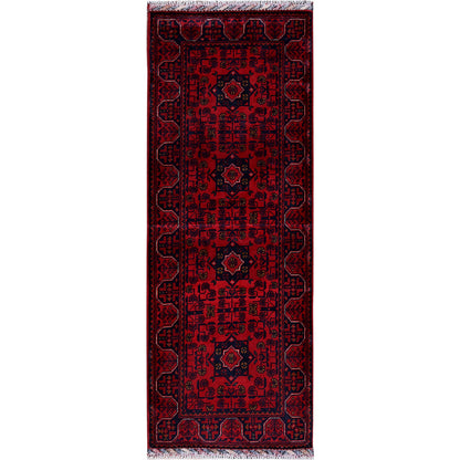 1'10"X4'10" Red Geometric Afghan Khamyab Soft Wool Hand Knotted Runner Rug