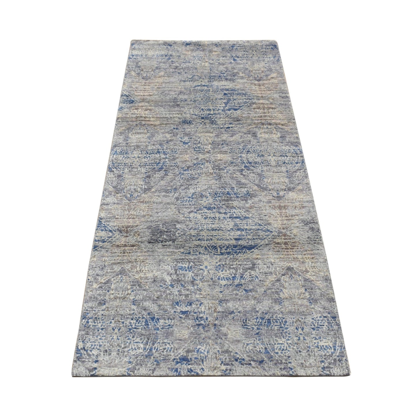 2'6"X6' Blue Silk With Wool Erased Rosette Design Hand Knotted Runner Rug