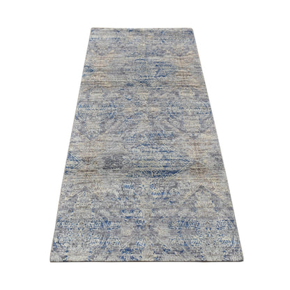 2'6"X6' Blue Silk With Wool Erased Rosette Design Hand Knotted Runner Rug