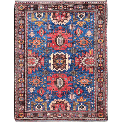 6'X7'10" Blue Afghan Caucasian Design Revival Hand Knotted Soft Wool Rug
