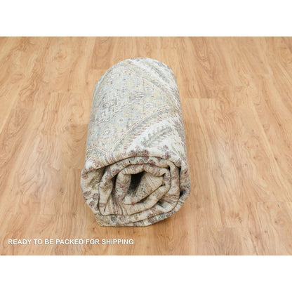 9'10"X10' Ivory Wool Hand Knotted Flower Rosettes Border Oriental Rug