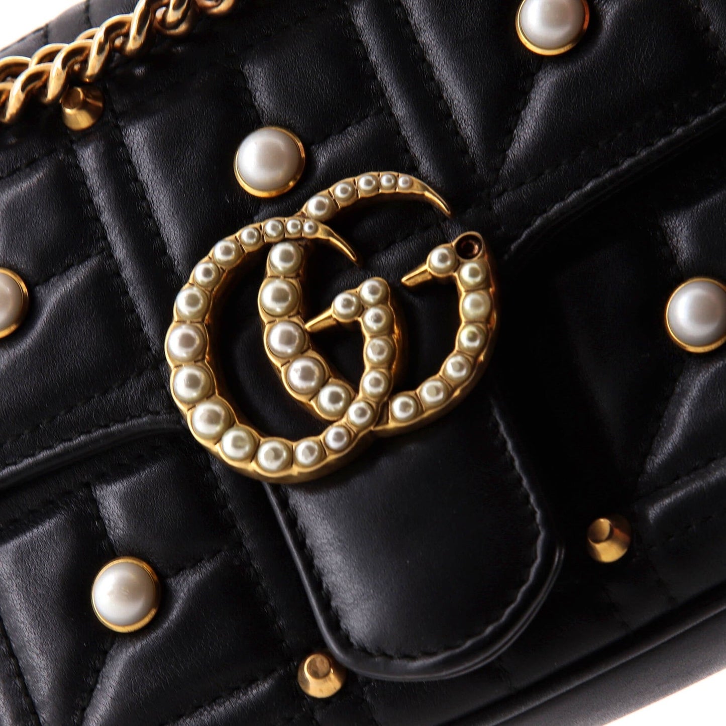 Gucci Pearly Gg Marmont Flap Bag Embellished Matelasse Leather Mini