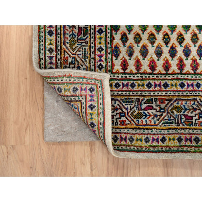 4'X10' Hand Knotted Beige Saroogh Wool And Sari Silk Wide Runner Rug