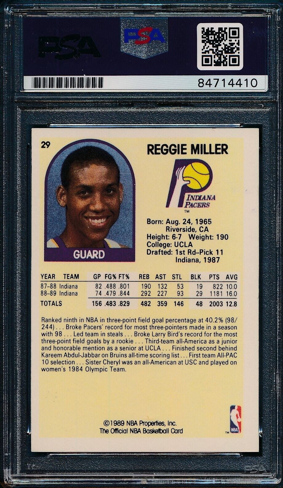 Reggie Miller 1989 HOF Hoops Pacers Authentic Card #29 Signed PSA DNA 176339