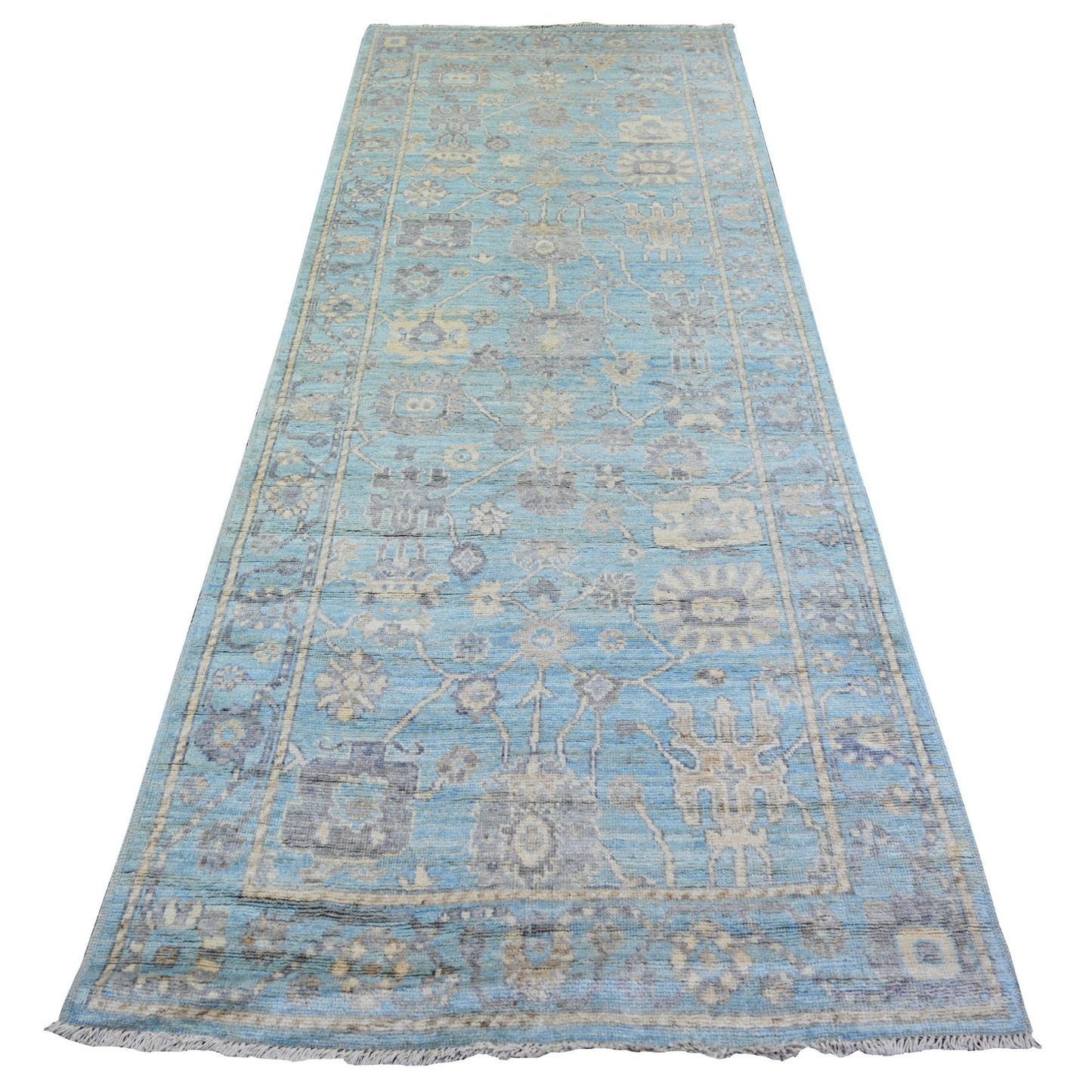 4'X10'1" Cerulean Blue Hand Knotted Afghan Angora Oushak Wool Runner Rug