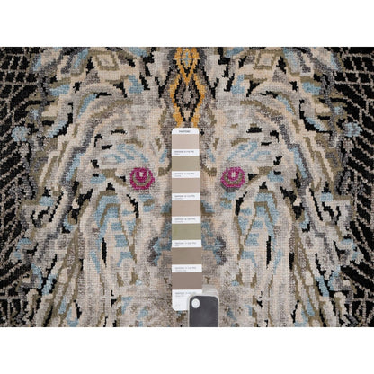 2'X3' Black The Maharaja Lion Novelty Mat Rug Wool And Silk Hand Knotted