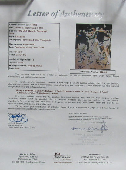 1972 Team Usa Basketball 13X Team Signed 16X20 Photo Olympics Jsa 193120