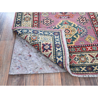 2'7"X10'1" Pink Kazak With Tribal Design Hand Knotted Soft Wool Runner Rug