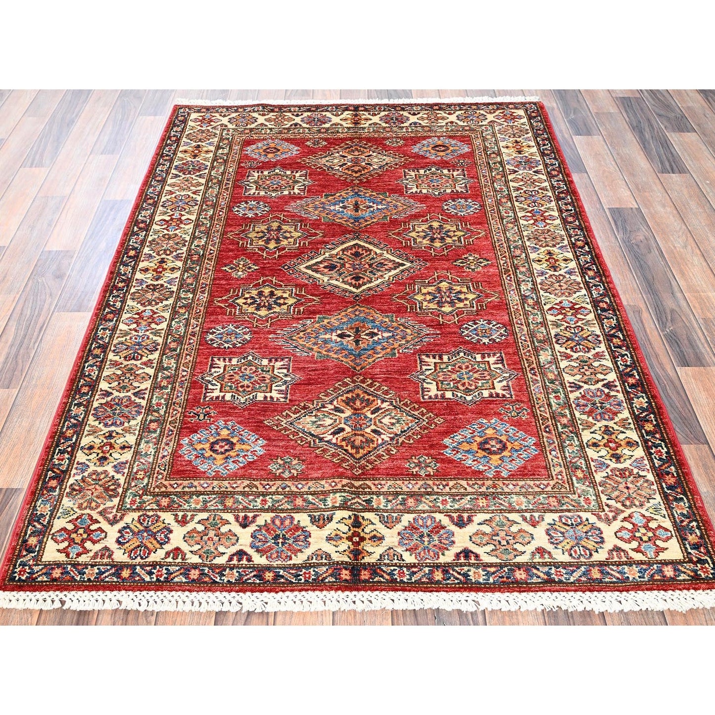 4'1"X5'9" Red Hand Knotted Afghan Super Kazak Medallions Design Wool Rug