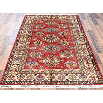 4'1"X5'9" Red Hand Knotted Afghan Super Kazak Medallions Design Wool Rug