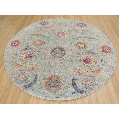 8'10"X8'10" Tan Round Sickle Leaf Design Silk With Wool Hand Knotted Rug
