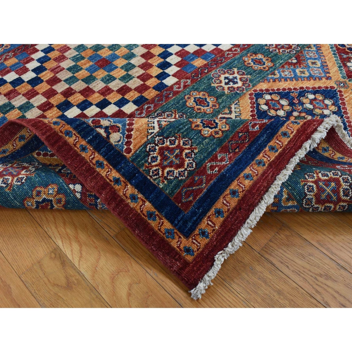 5'7"X8' Green Super Kazak Khorjin Design Hand Knotted Pure Wool Rug