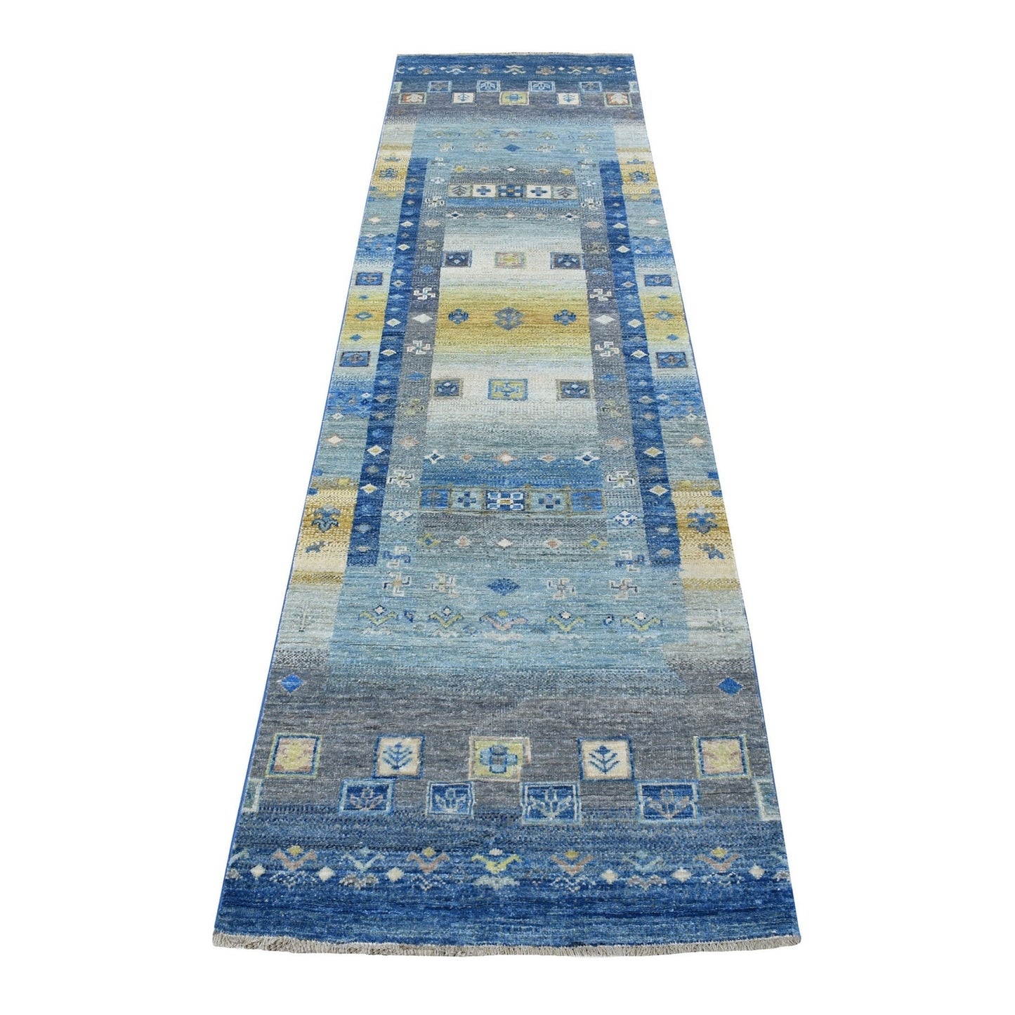 2'5"X9'7" Denim Blue Hand Knotted Kashkuli Gabbeh Velvety Wool Runner Rug