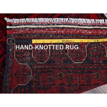 1'8"X4'9" Red Hand Knotted Afghan Khamyab Geometric Pattern Wool Runner Rug