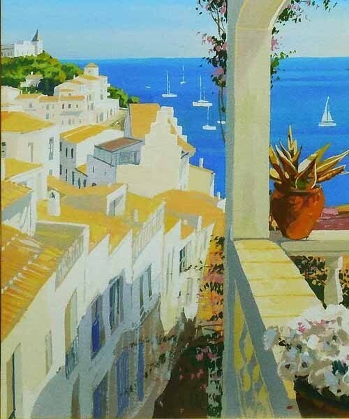 Fernandez Danilo Oil Painting Signed Mediterranean Sea View Balcony