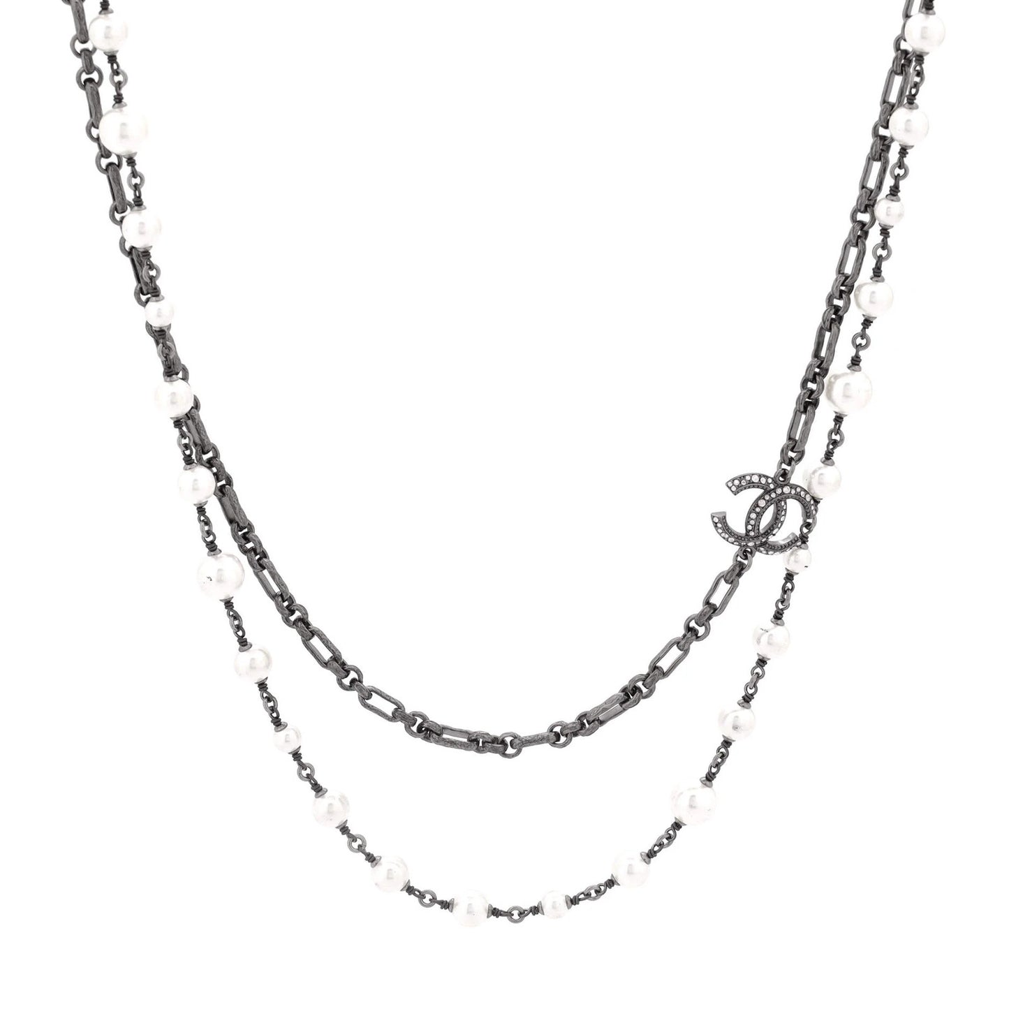 Chanel Cc Station Long Necklace Metal With Faux Pearls And Crystals
