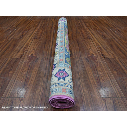 5'X6'9" Thulian Pink Colorful And Vibrant Fusion Kazak Oriental Rug