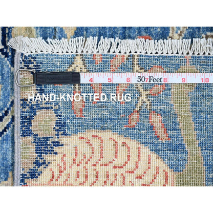 3'X21'3" Blue Afghan Peshawar Birds Design Hand Knotted Wool Runner Rug