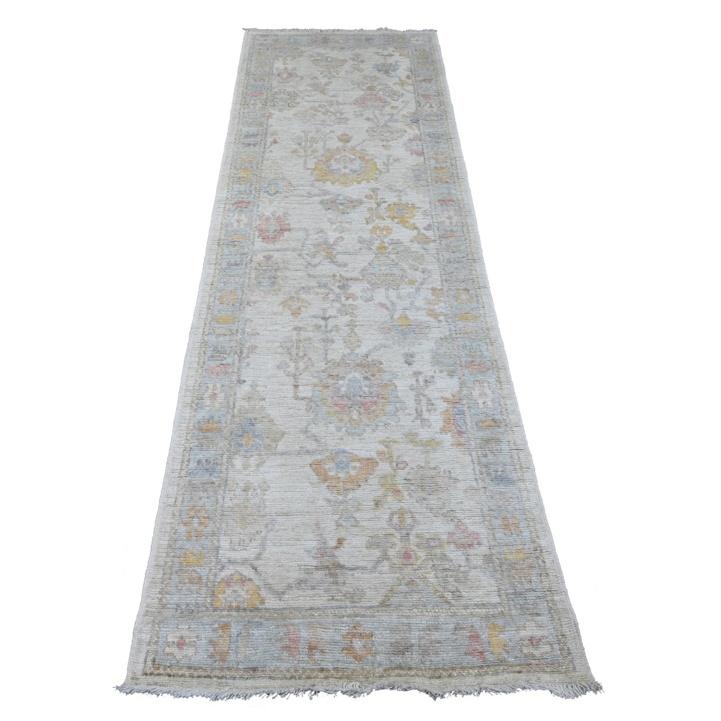 2'8"X8'9" White Hand Knotted Angora Oushak Leaf Design Wool Runner Rug