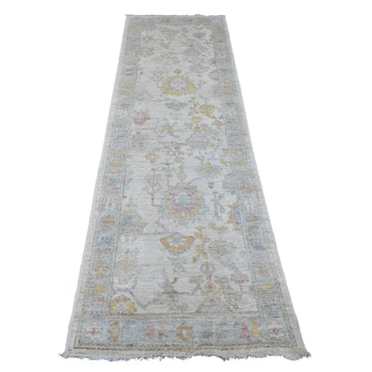 2'8"X8'9" White Hand Knotted Angora Oushak Leaf Design Wool Runner Rug