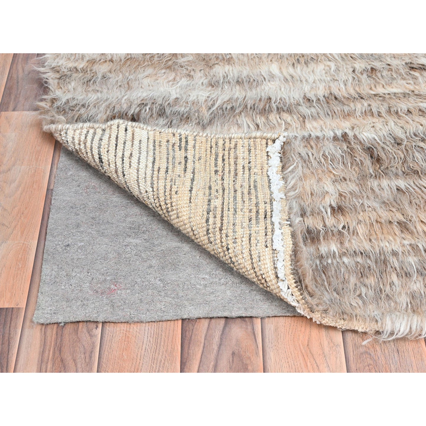 3'2"X5'6" Beige Hand Knotted Shaggy Moroccan Undyed Natural Wool Rug