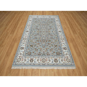 5'X8' Beau Blue Wool And Silk Nain With Flower Design Hand Knotted Rug