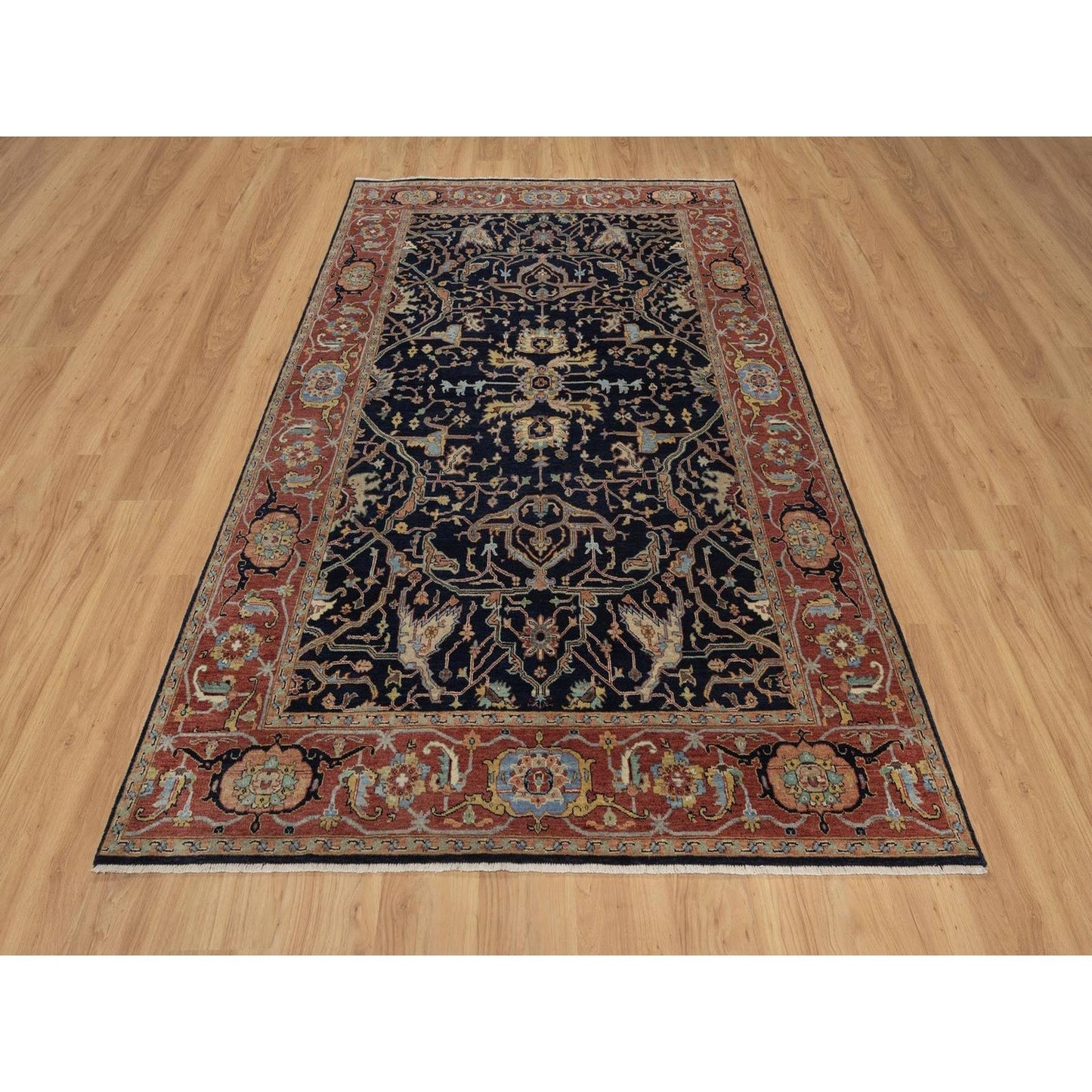 6'X9'3" Blue Antiqued Fine Heris Re-Creation Rug Hand Knotted Soft Wool