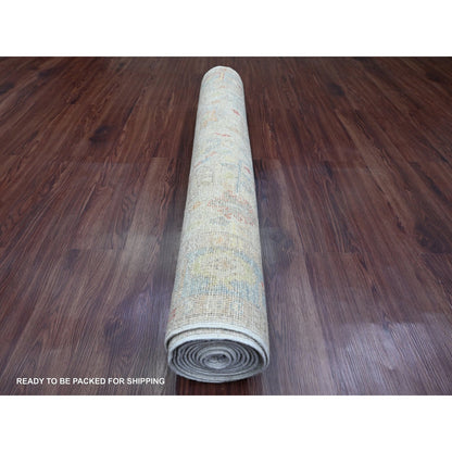 4'X12'3" White Angora Oushak Leaf Design Hand Knotted All Wool Runner Rug