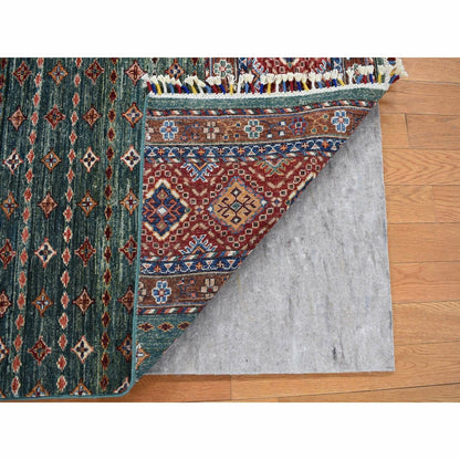 3'6"X5'3"Green Hand Knotted Super Kazak With Khorjin Design Soft Wool Rug